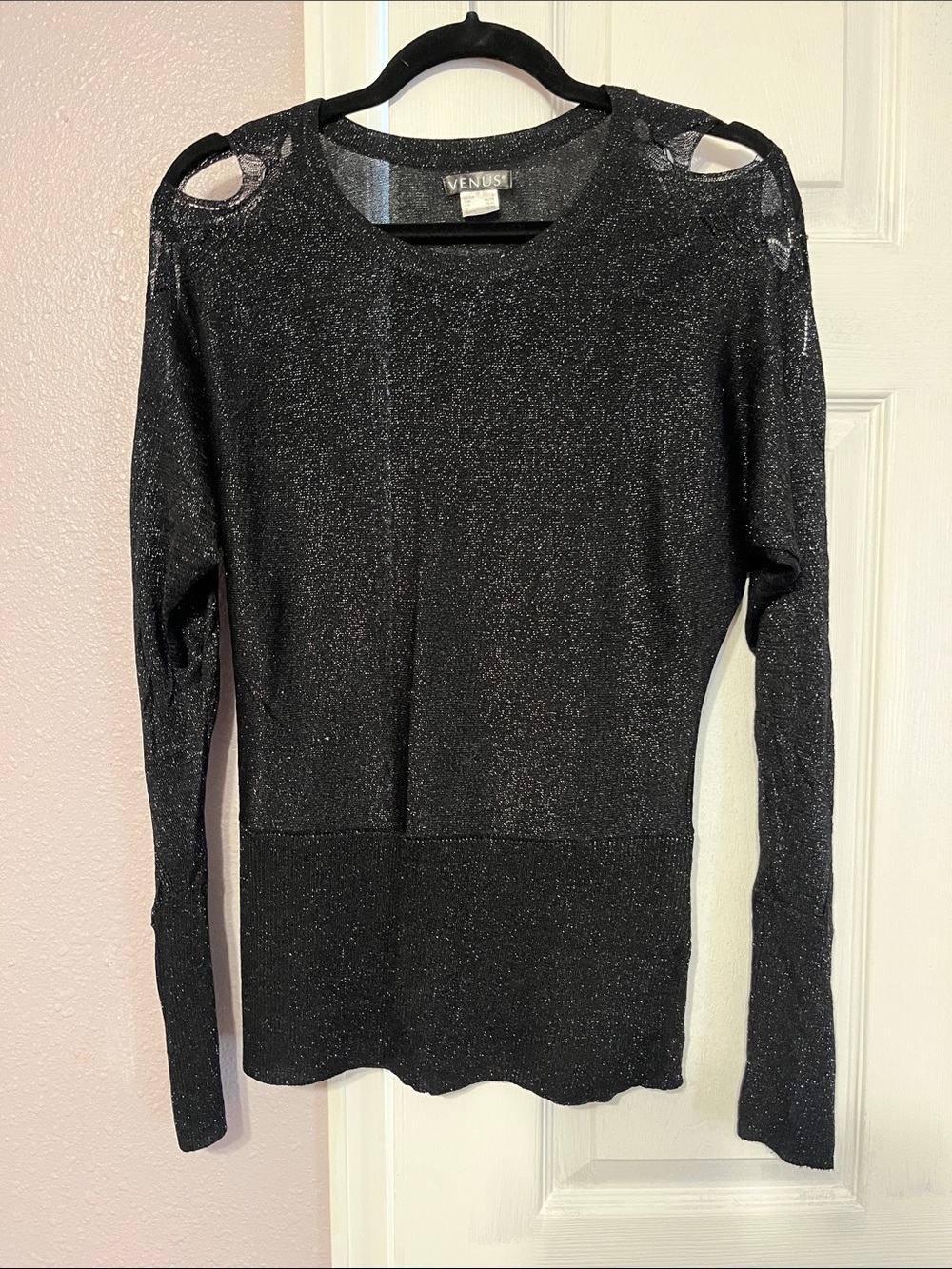 VENUS Black Metallic Cold-Shoulder Crewneck Sweater